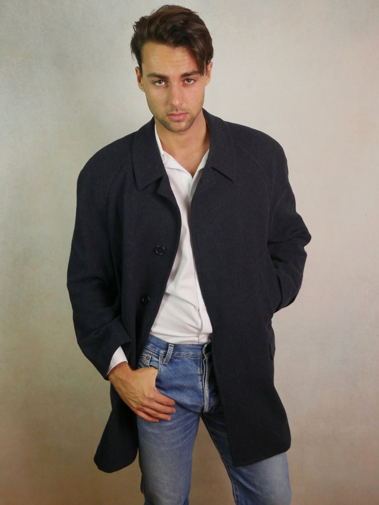1980s Vintage Coat | Dark Slate Blue Wool Cashmere Blend Overcoat | Large