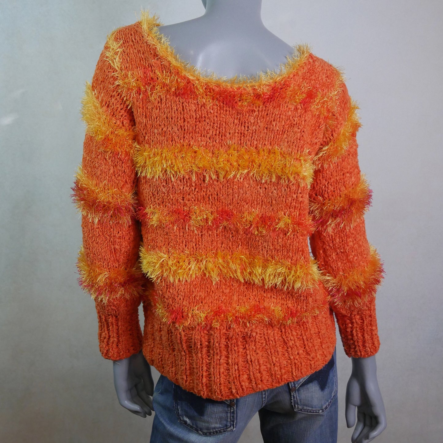 1990s Fuzzy Sweater | Orange and Yellow Soft Knit Pullover Jumper | Extra Large
