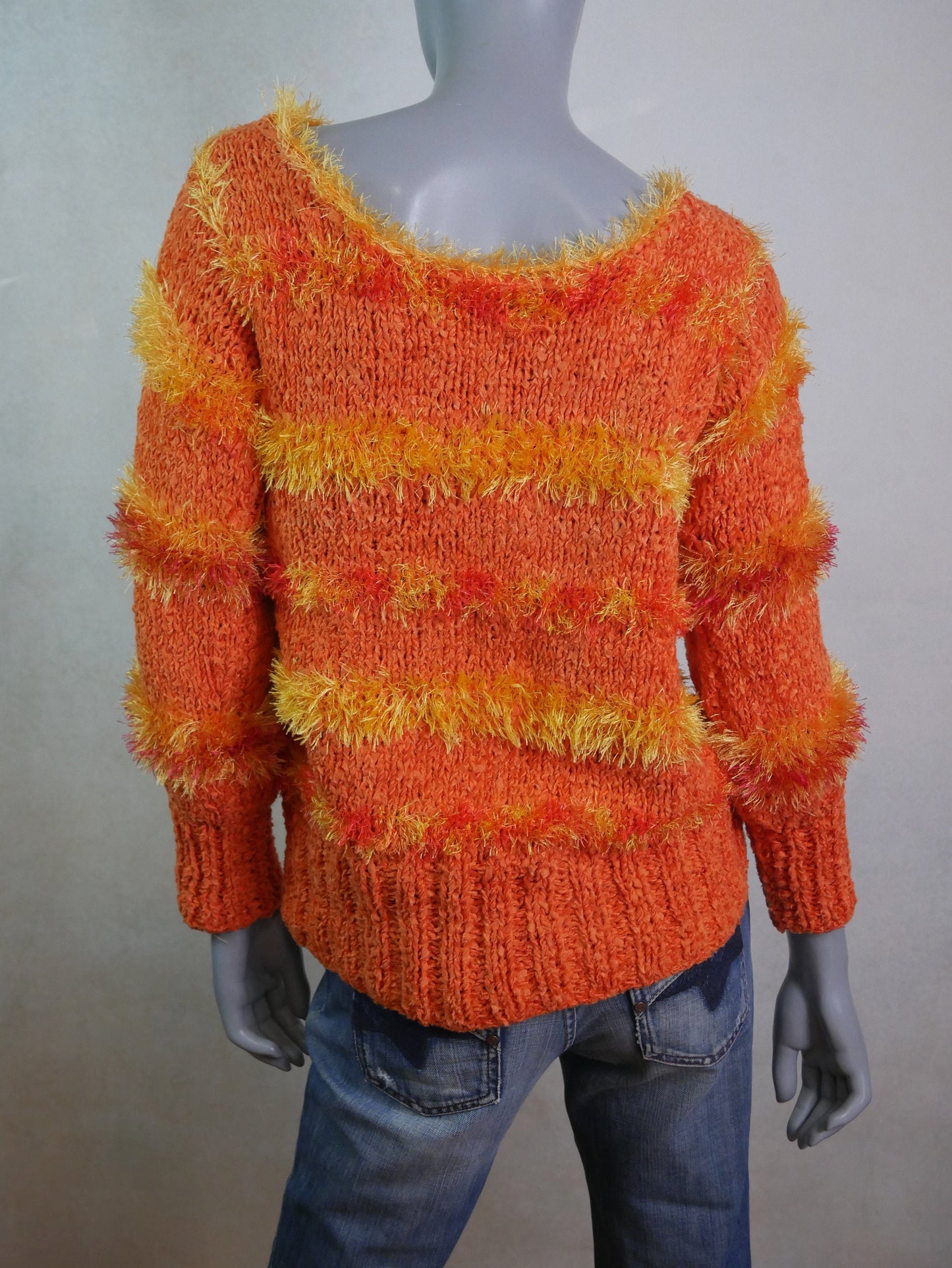 1990s Fuzzy Sweater | Orange and Yellow Soft Knit Pullover Jumper | Extra Large
