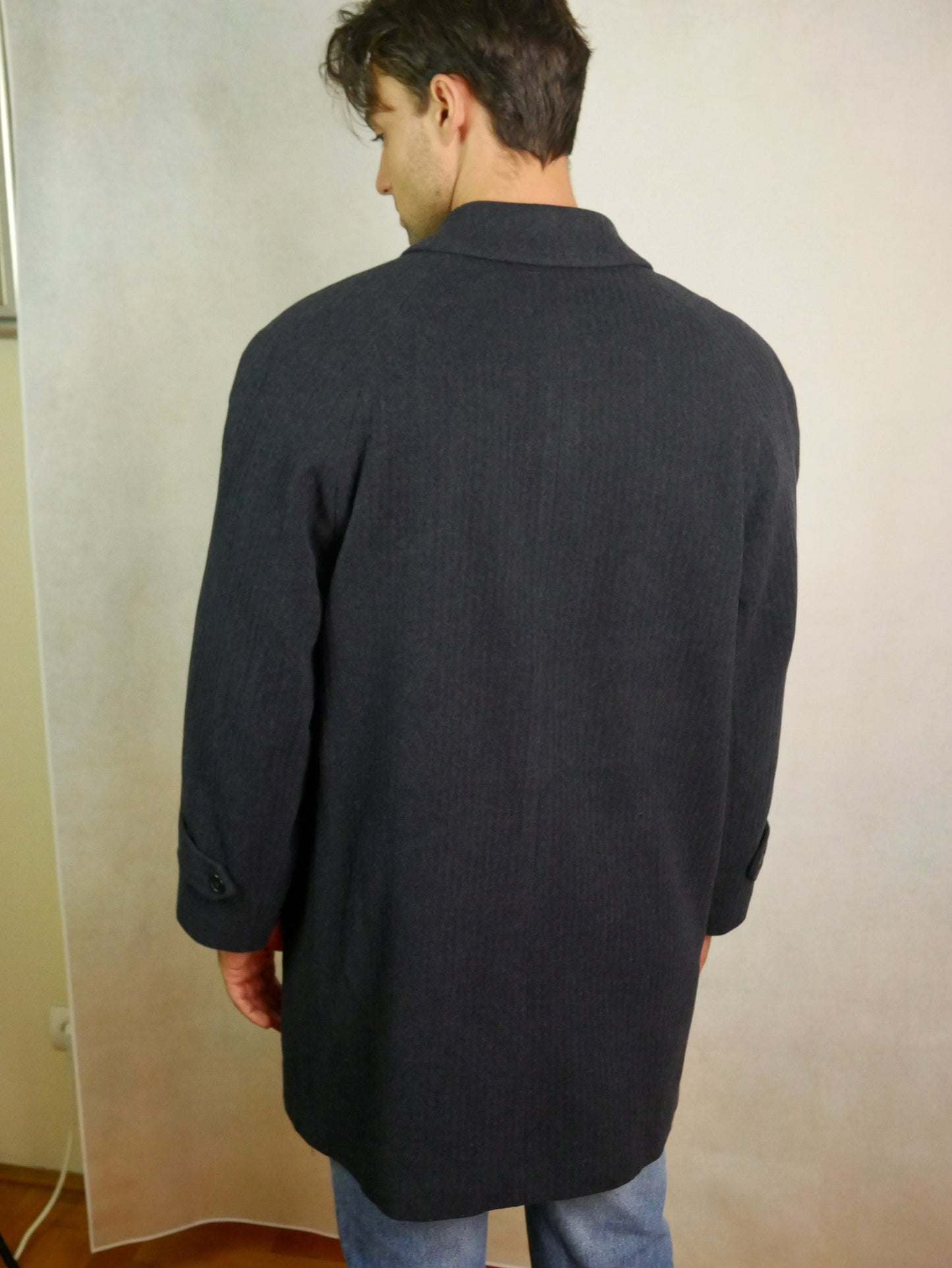 1980s Vintage Coat | Dark Slate Blue Wool Cashmere Blend Overcoat | Large