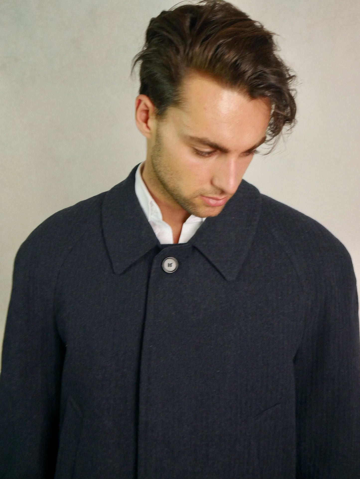 1980s Vintage Coat | Dark Slate Blue Wool Cashmere Blend Overcoat | Large