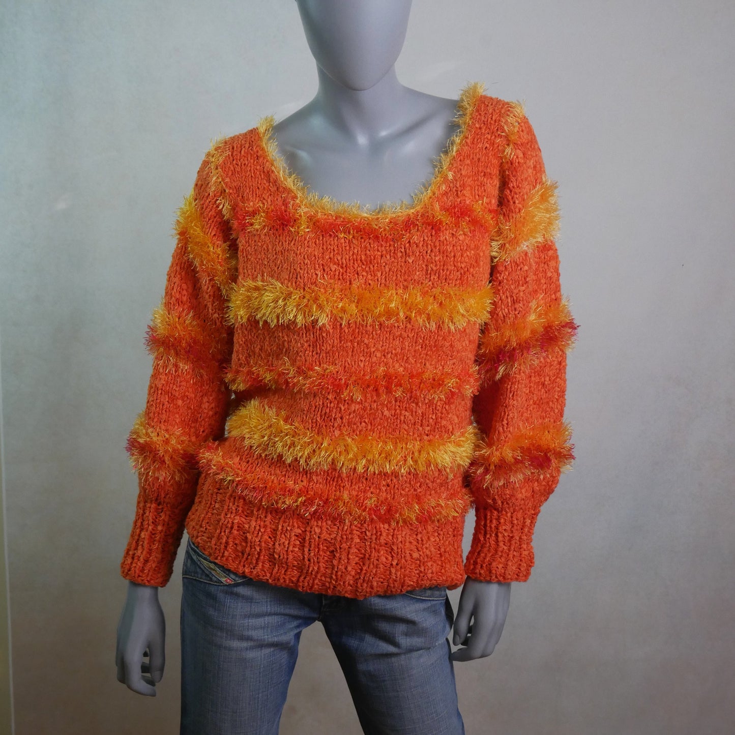 1990s Fuzzy Sweater | Orange and Yellow Soft Knit Pullover Jumper | Extra Large