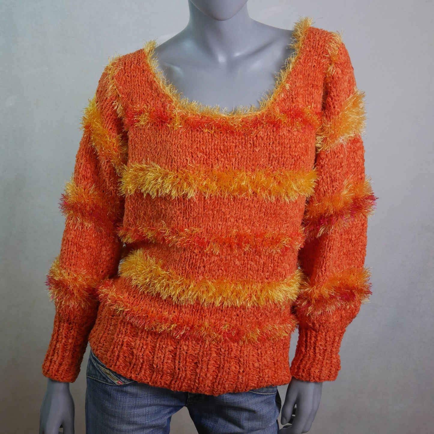 1990s Fuzzy Sweater | Orange and Yellow Soft Knit Pullover Jumper | Extra Large