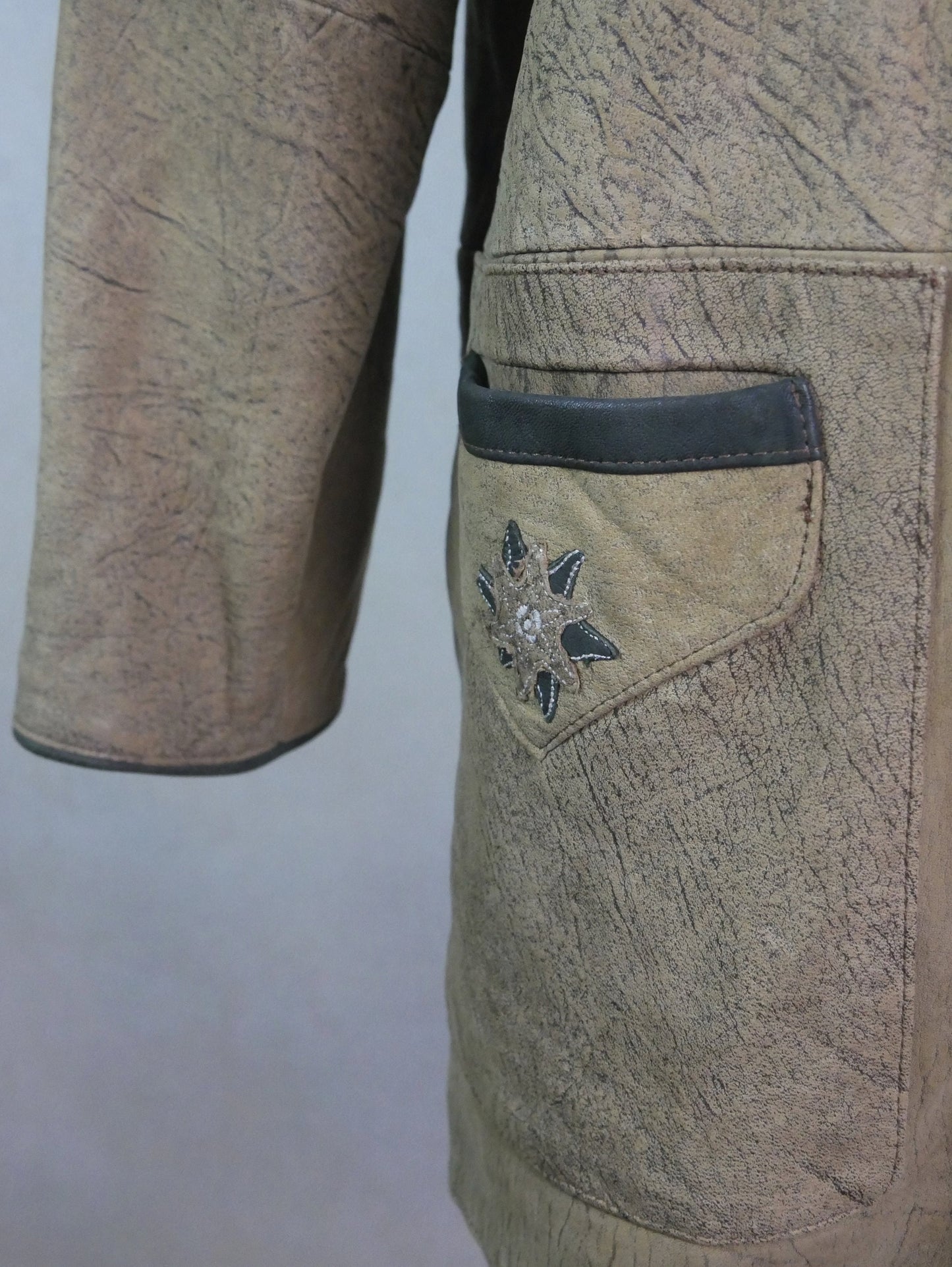90s Vintage Tan Leather Jacket | Trachten Style Embroidered Coat | Extra Large