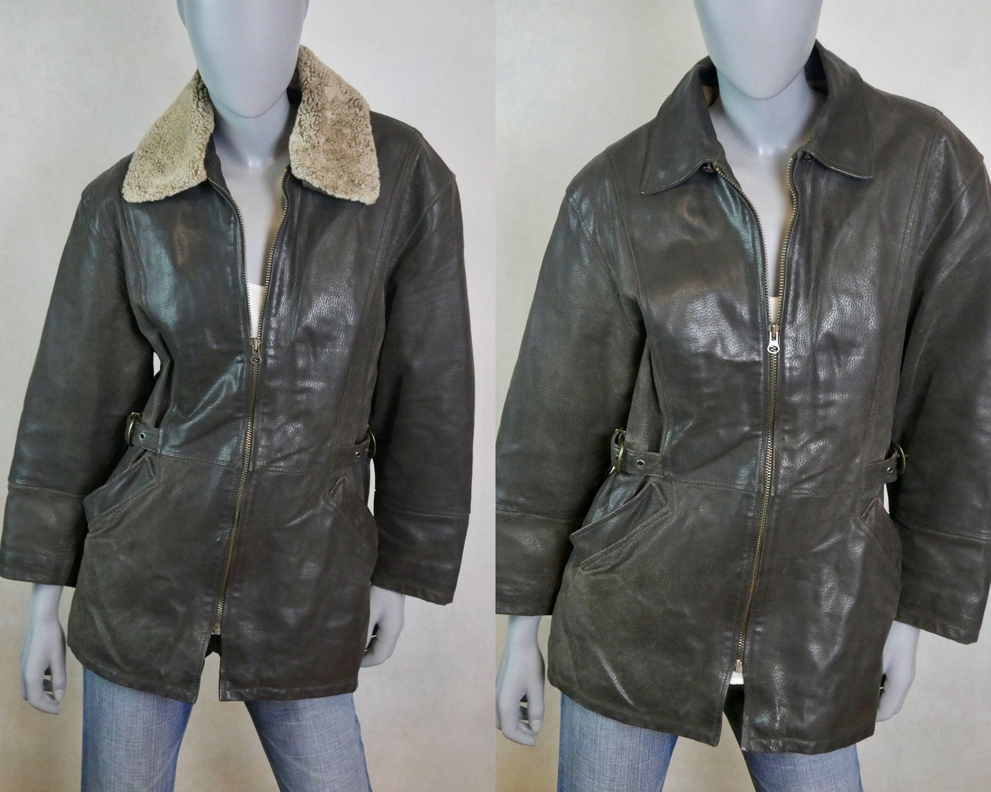 90s Vintage Aviator Jacket | Brown Leather with Detachable Faux Shearling Collar | Medium