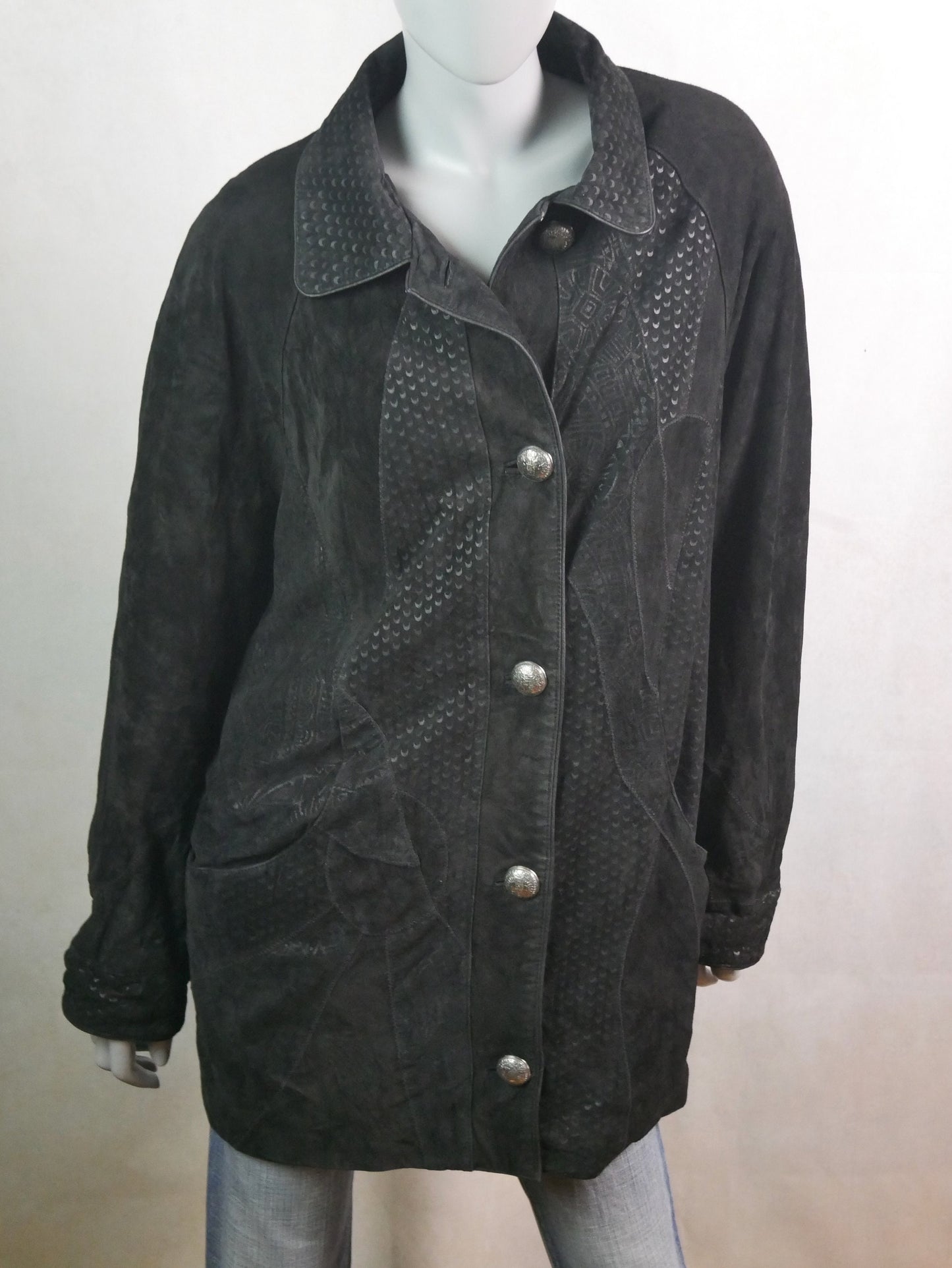 Women's 80s Leather Coat | Black Suede Patchwork Jacket | Extra Large