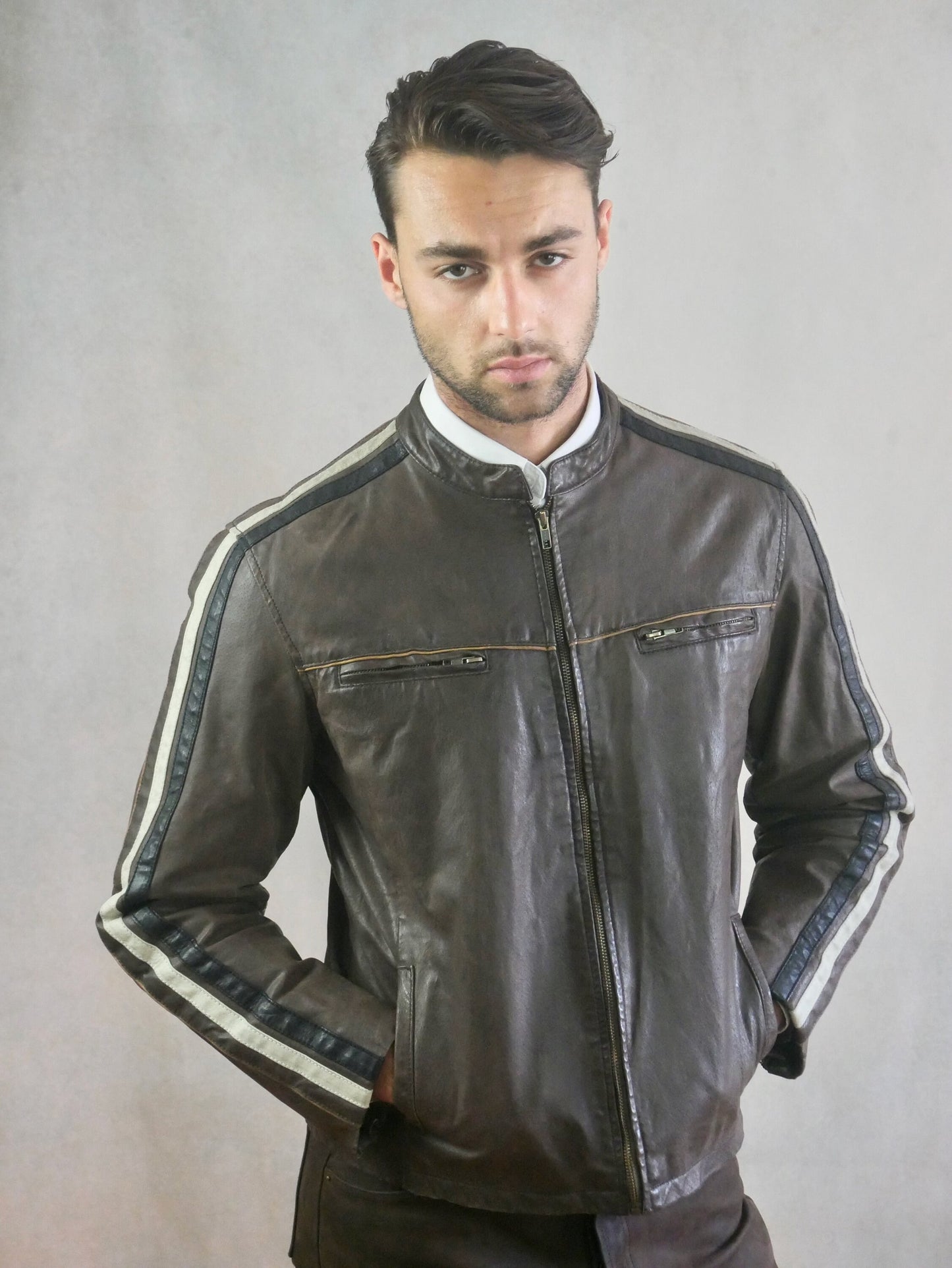 Men's 80s Vintage Brown Leather Jacket with Racing Stripes | Medium