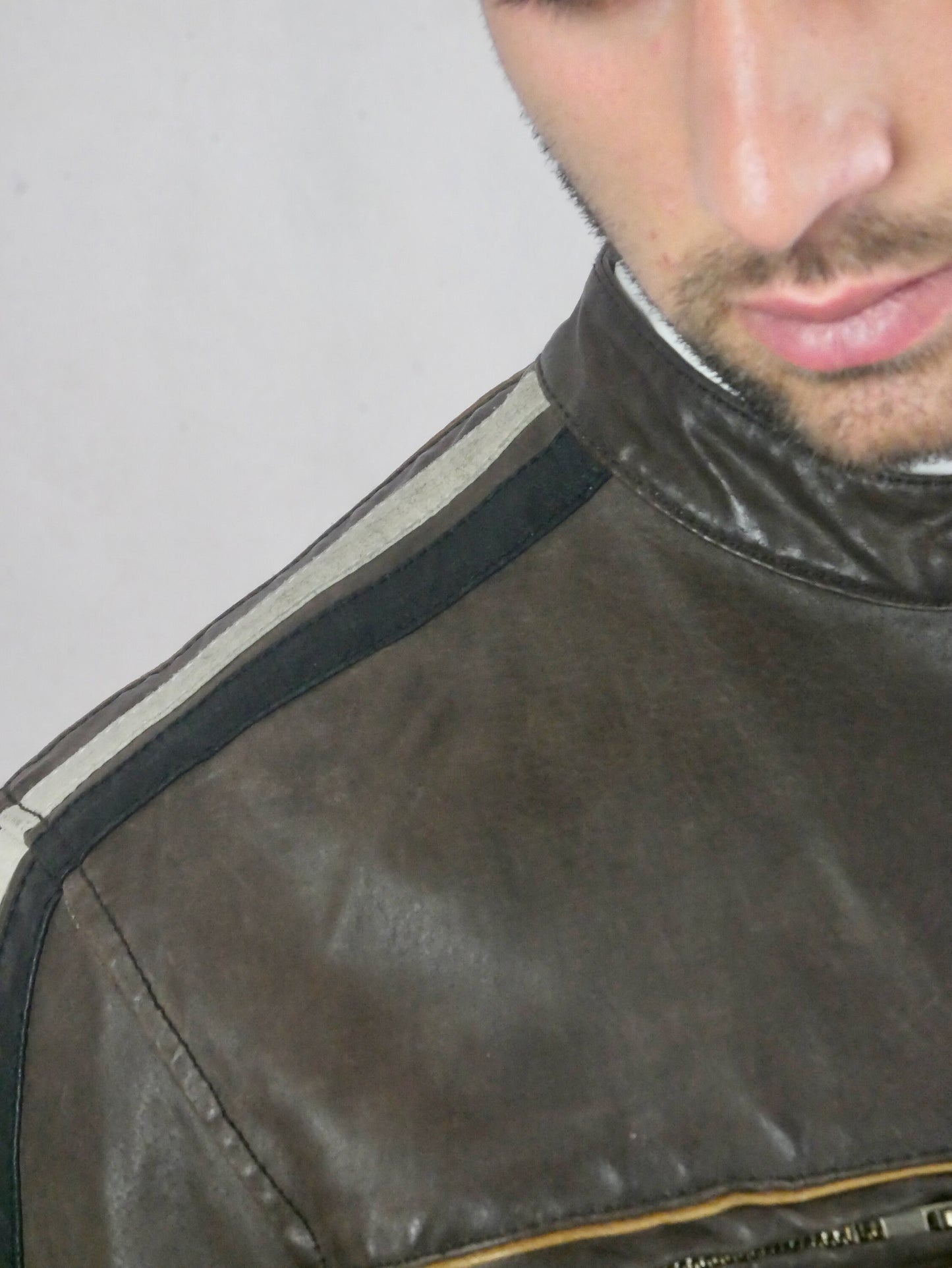 Men's 80s Vintage Brown Leather Jacket with Racing Stripes | Medium