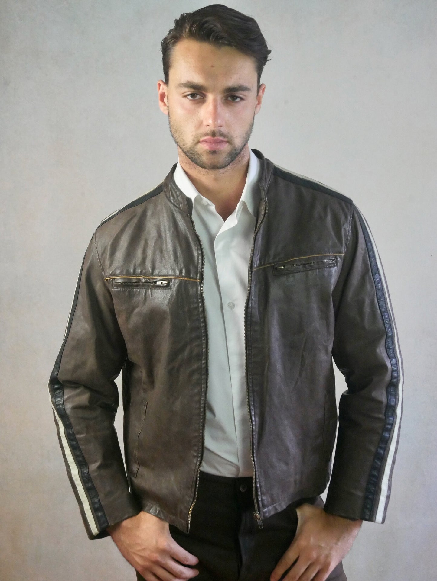 Men's 80s Vintage Brown Leather Jacket with Racing Stripes | Medium