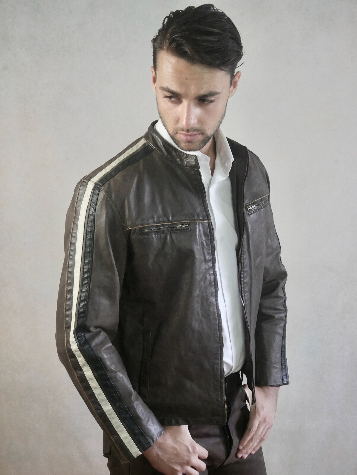 Men's 80s Vintage Brown Leather Jacket with Racing Stripes | Medium