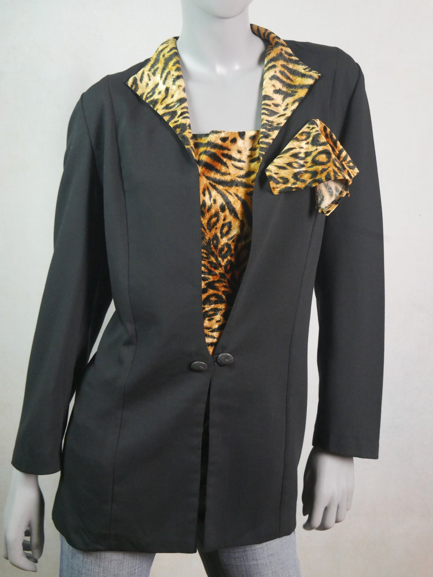 80s Vintage Black Blazer with Leopard Print Collar | Large