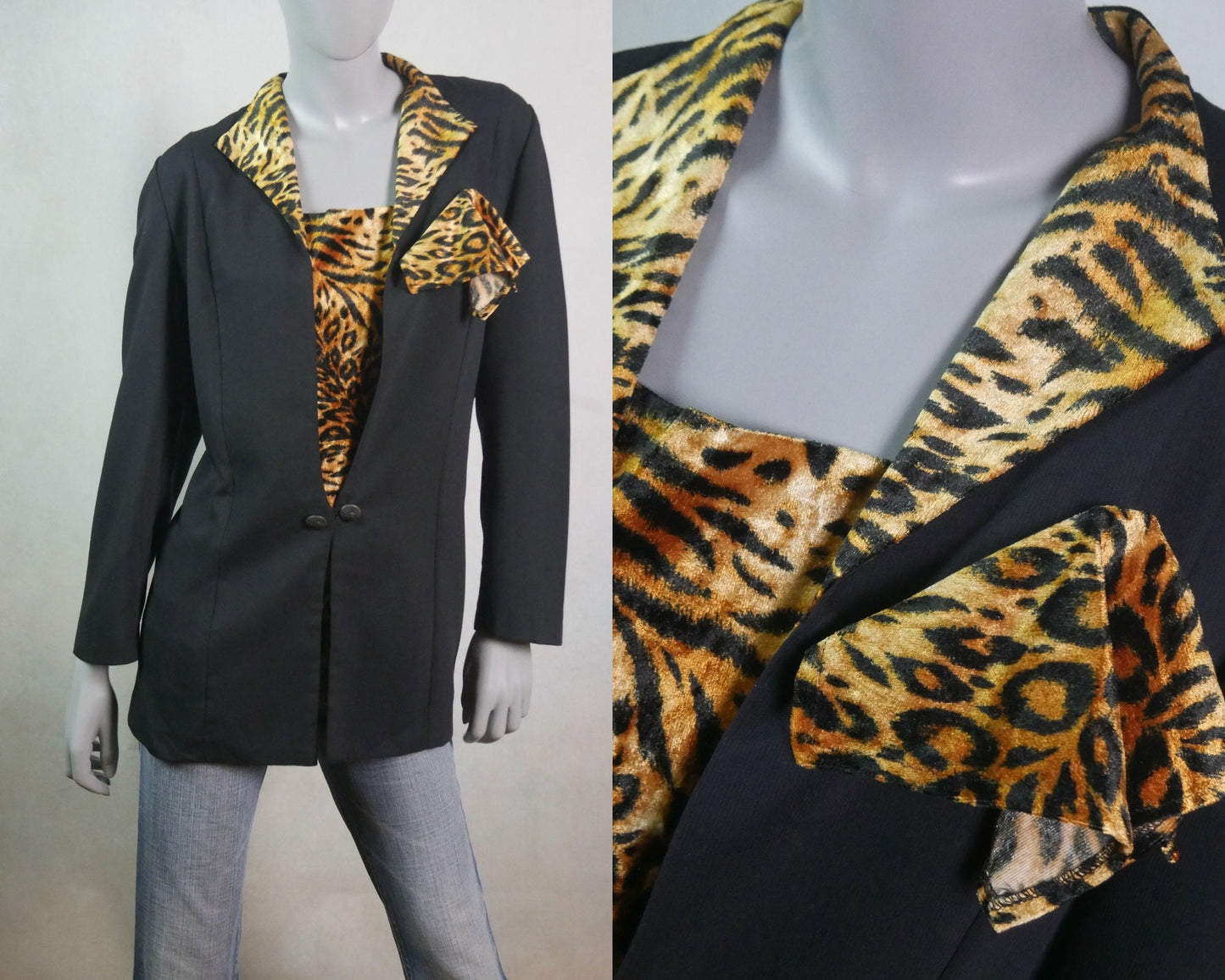 80s Vintage Black Blazer with Leopard Print Collar | Large