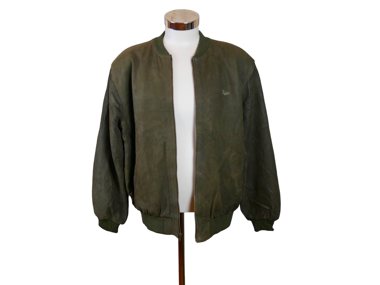 Men's 80s Guess Leather Bomber Jacket | Vintage Olive Green | Large