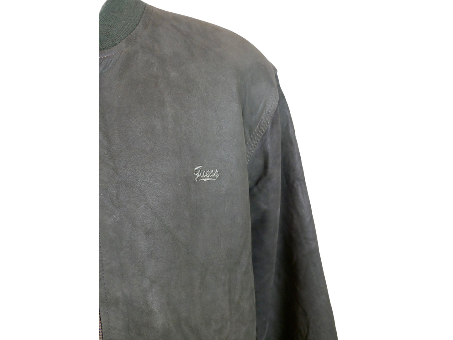 Men's 80s Guess Leather Bomber Jacket | Vintage Olive Green | Large
