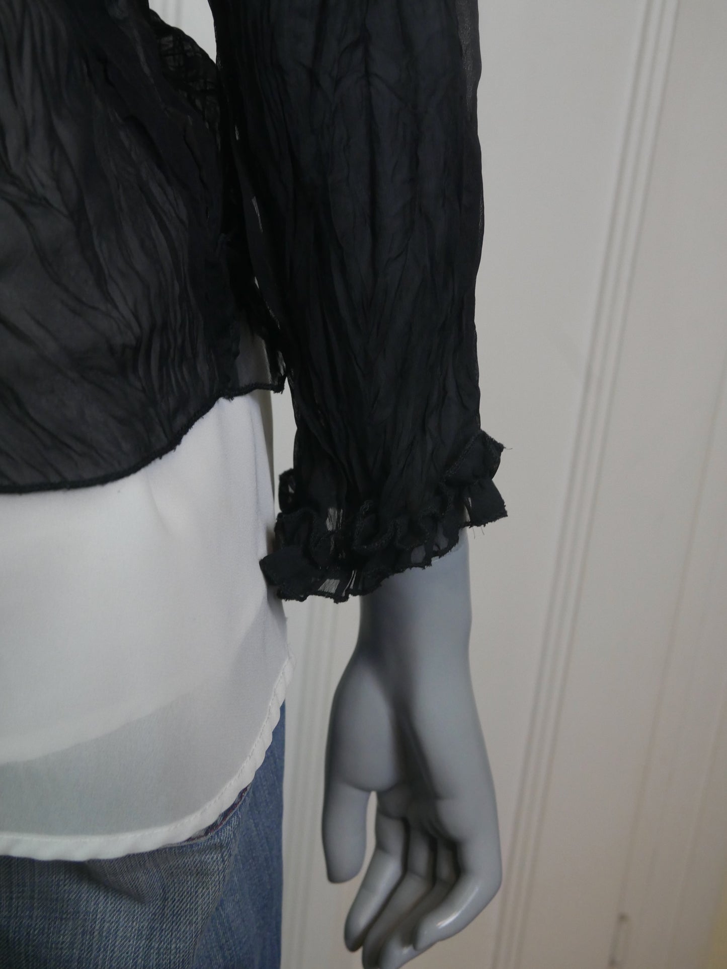 Sheer Black Silk Ruffle Blouse | 90s French Vintage Top | Medium