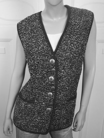 Long Gray Wool Boucle Vest | 90s Women's Vintage Trachten Style | Extra Large