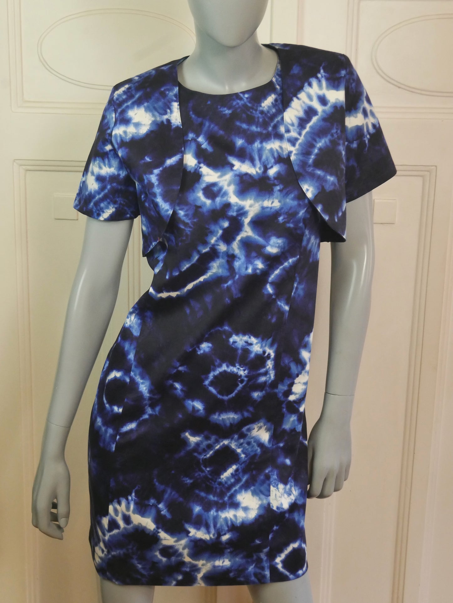 Blue Tie-Dye Sleeveless Dress with Matching Bolero Jacket | Medium