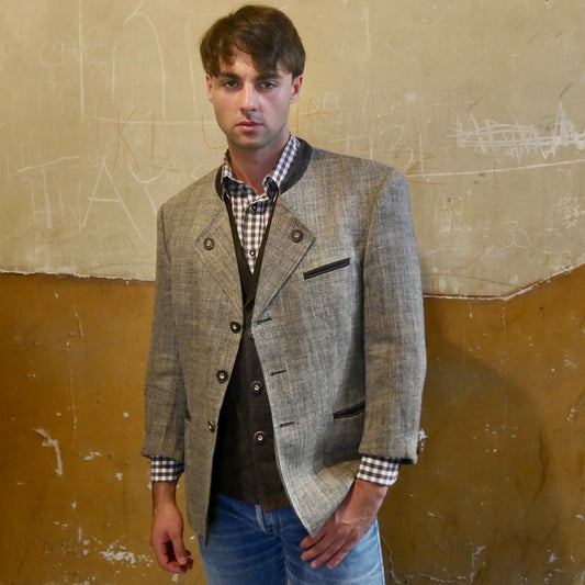 Men's Linen Blazer, 90s German Vintage Olive Gray Trachten Jacket | Large | Short Size