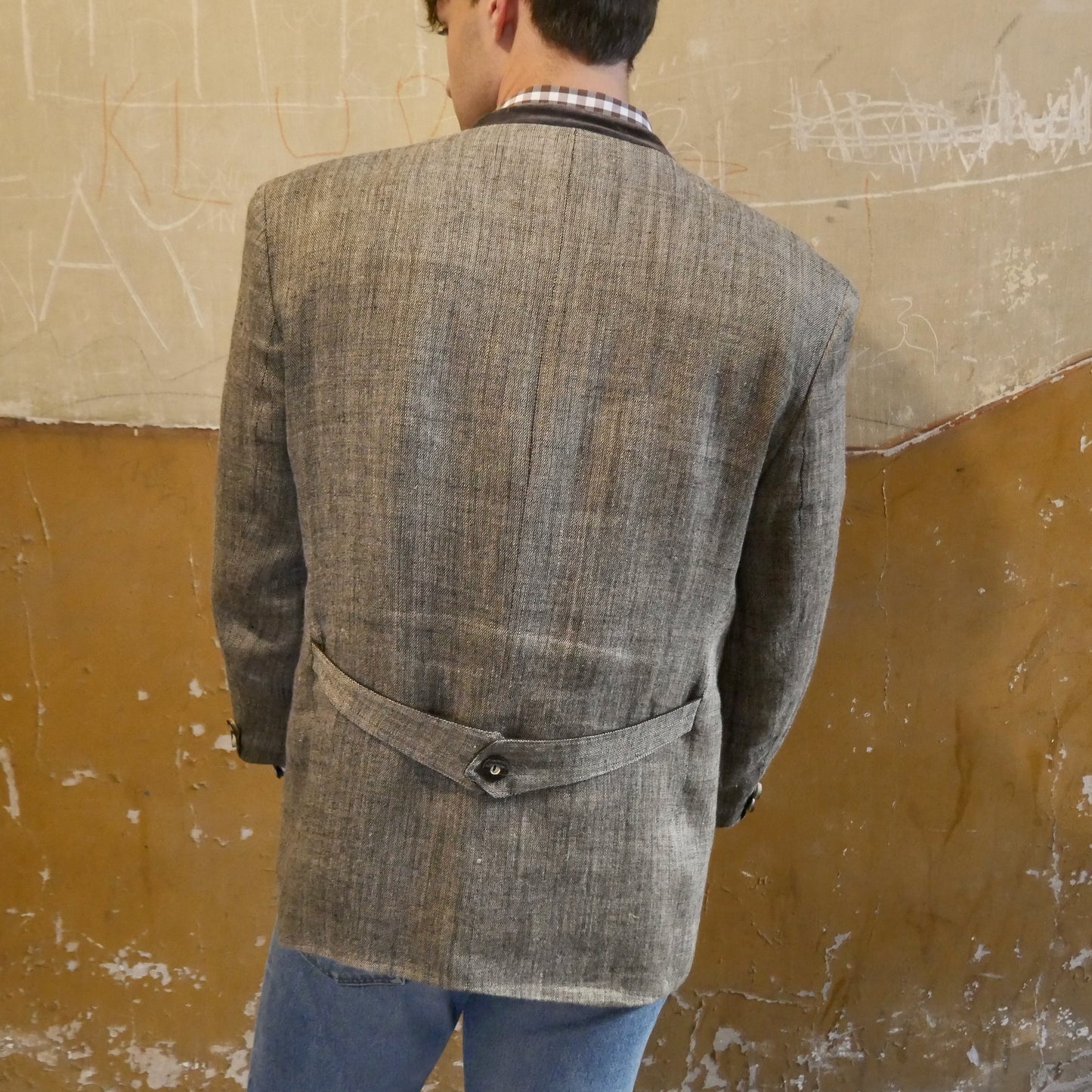 Men's Linen Blazer, 90s German Vintage Olive Gray Trachten Jacket | Large | Short Size