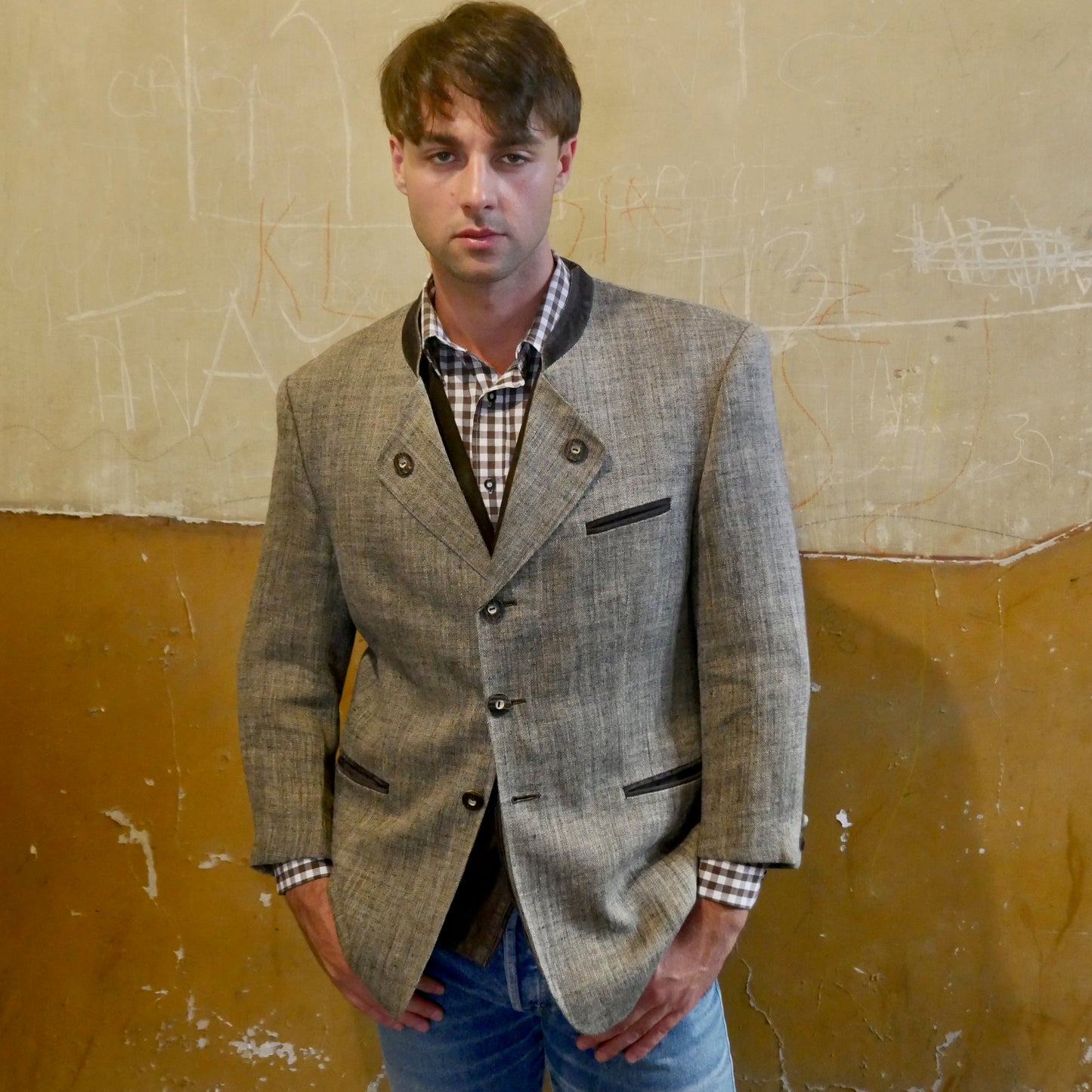 Men's Linen Blazer, 90s German Vintage Olive Gray Trachten Jacket | Large | Short Size