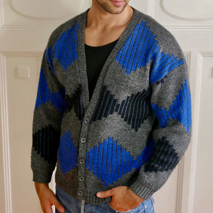 1980s Vintage Cardigan | Gray, Royal Blue, Black | Large