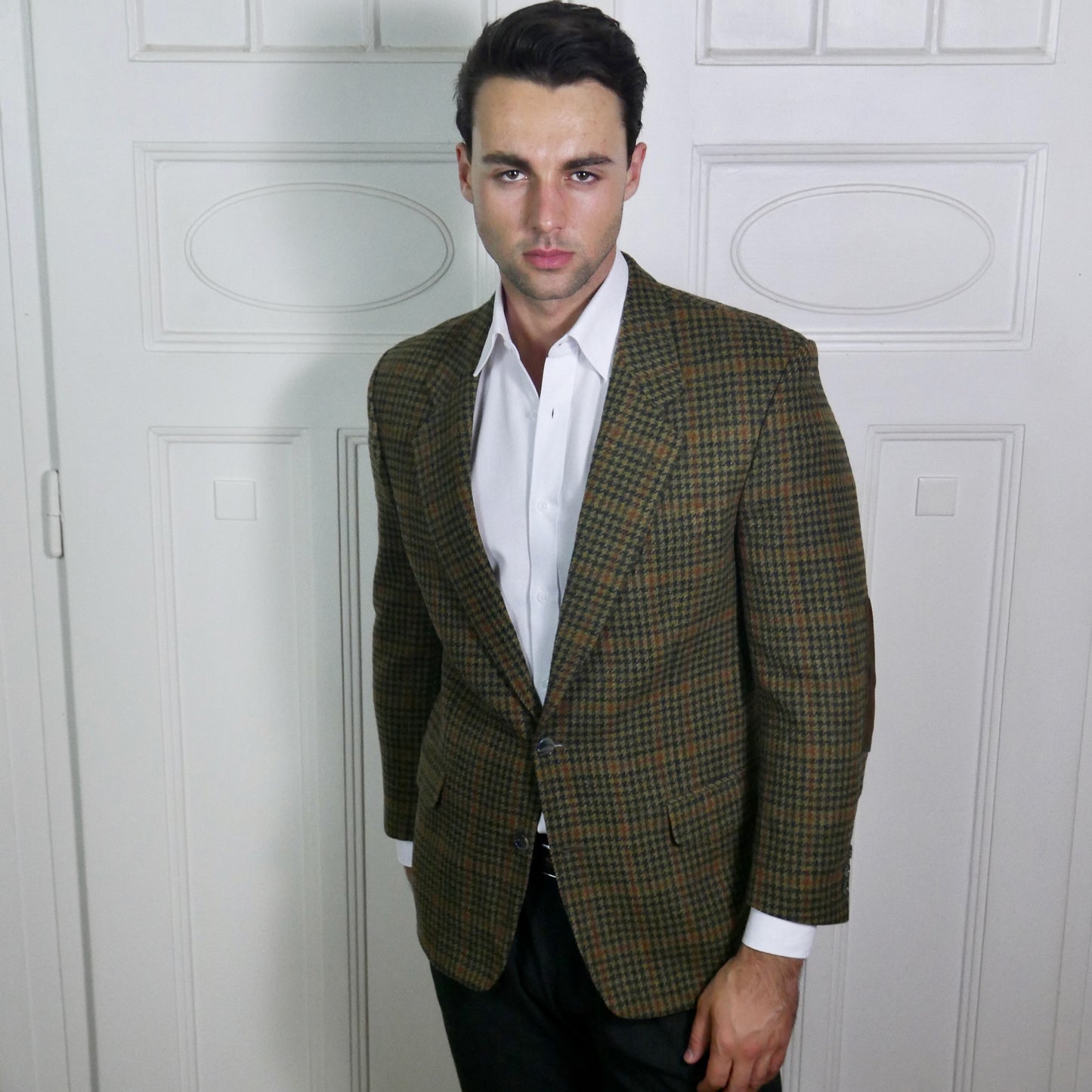 80s Olive Green Blazer | Houndstooth Check Pattern | Large, Short Size