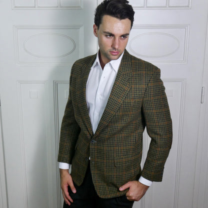 80s Olive Green Blazer | Houndstooth Check Pattern | Large, Short Size