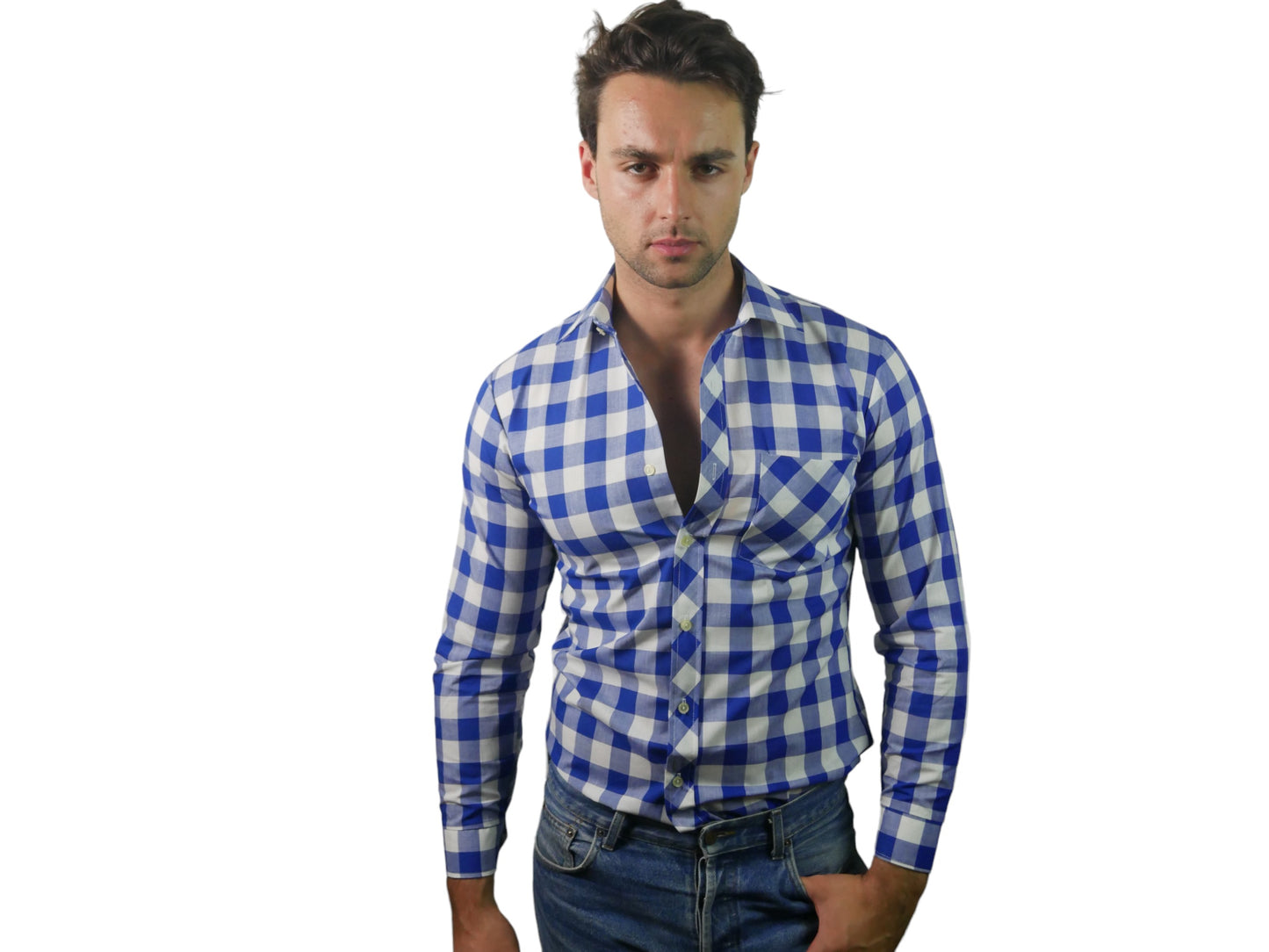 Blue & White Check Shirt | Long-Sleeve Cotton | Medium