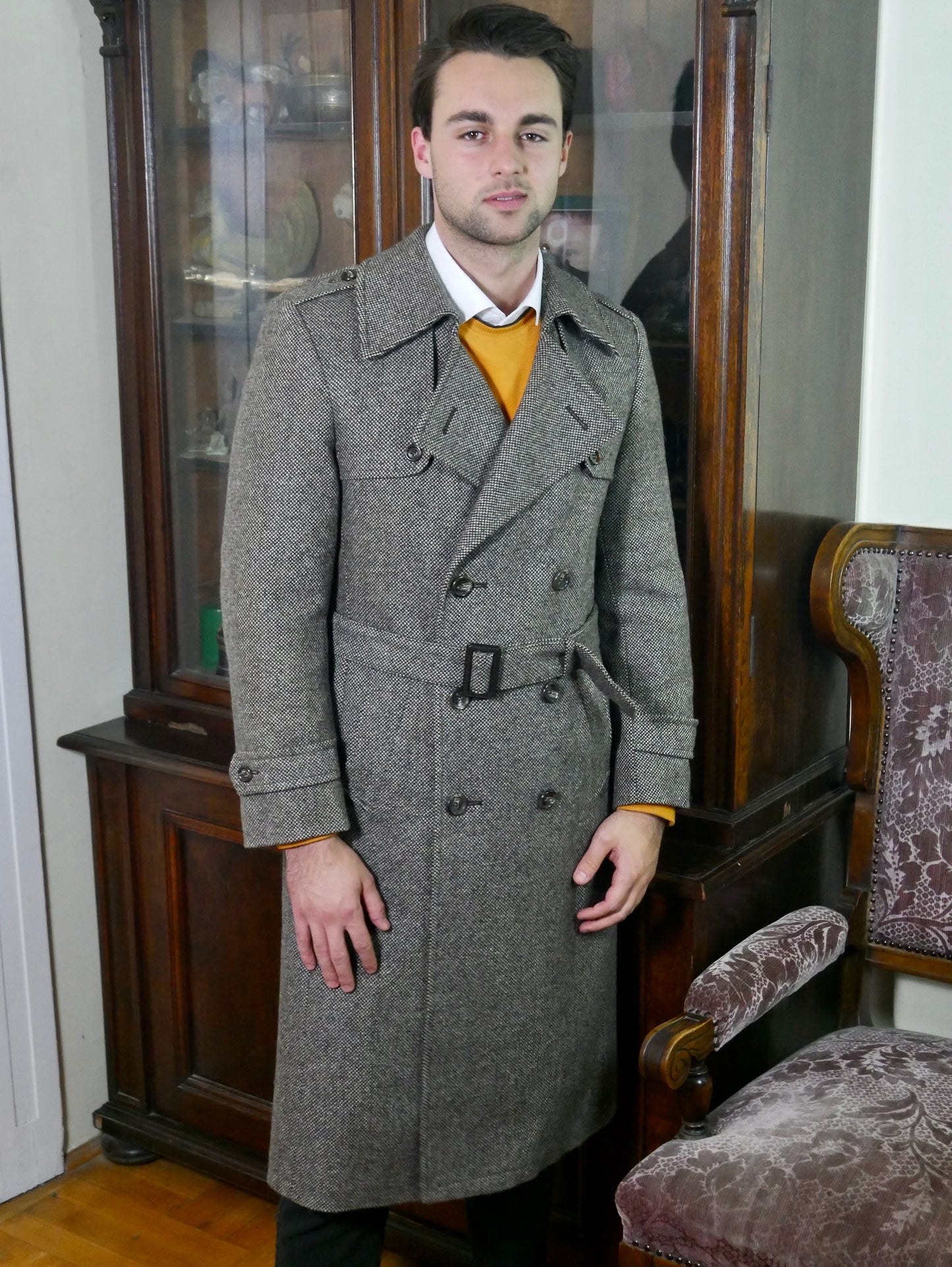 Vintage Tweed Trench Coat | Classic Men's 1980s Outerwear | Size 40 Long