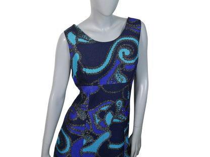 60s Vintage Long Sleeveless Dress | Dark Blue Turquoise & Purple Maxi | Medium