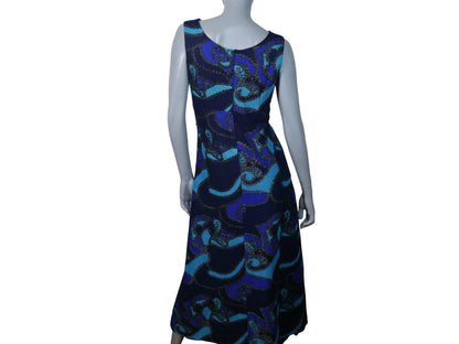 60s Vintage Long Sleeveless Dress | Dark Blue Turquoise & Purple Maxi | Medium