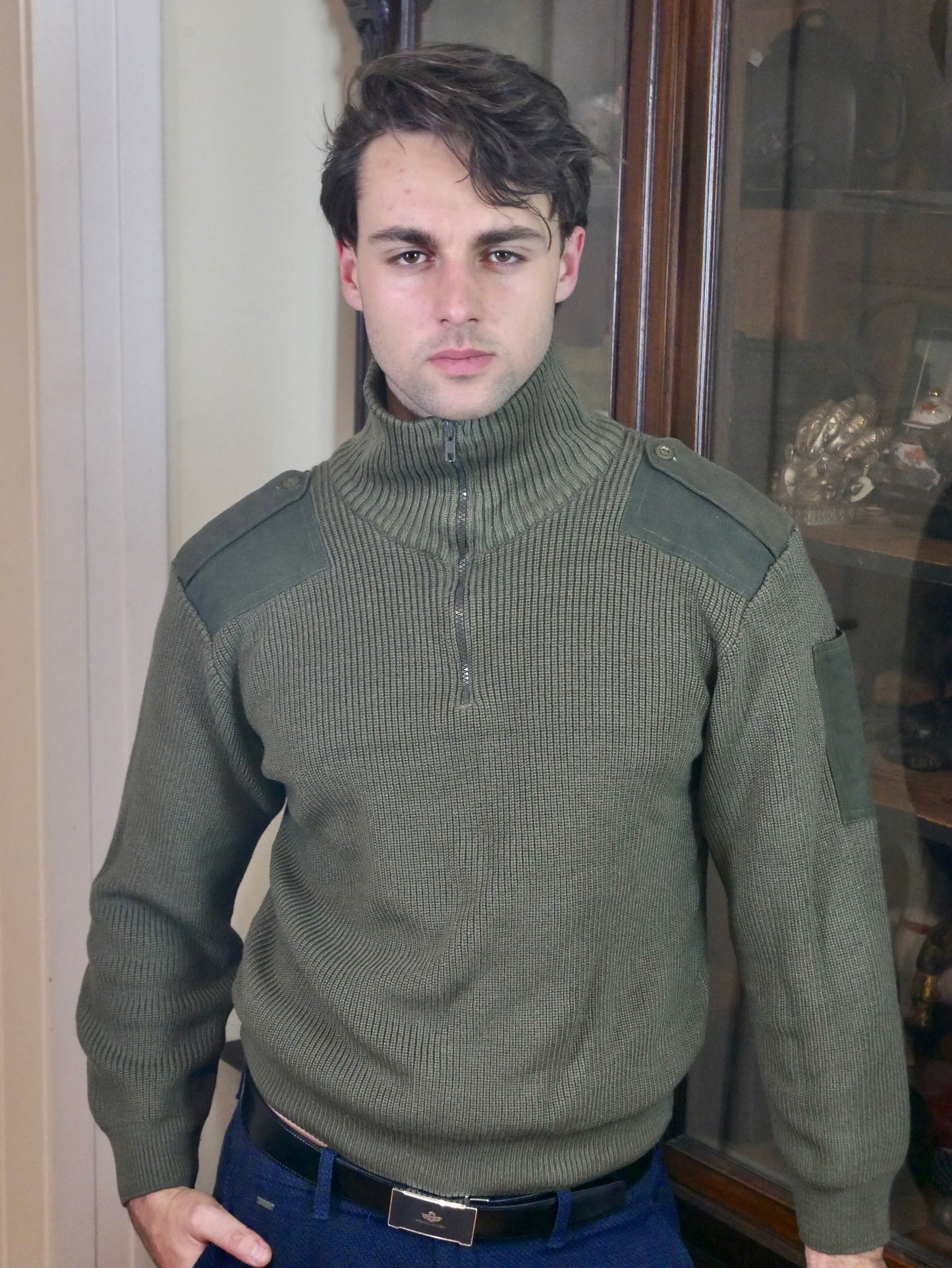 Vintage Military Sweater | Olive Green Wool Knit Henley Turtleneck | Large