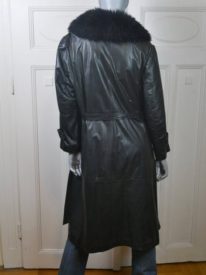 80s Vintage Long Black Leather Coat with Faux Fur Collar, Size XL