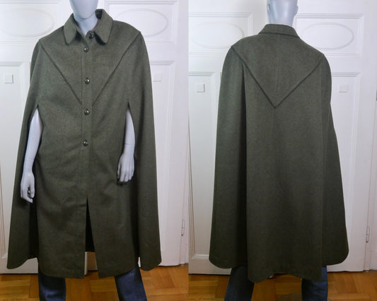 Vintage Cape Coat | Olive Green Loden Wool 1980s | Medium