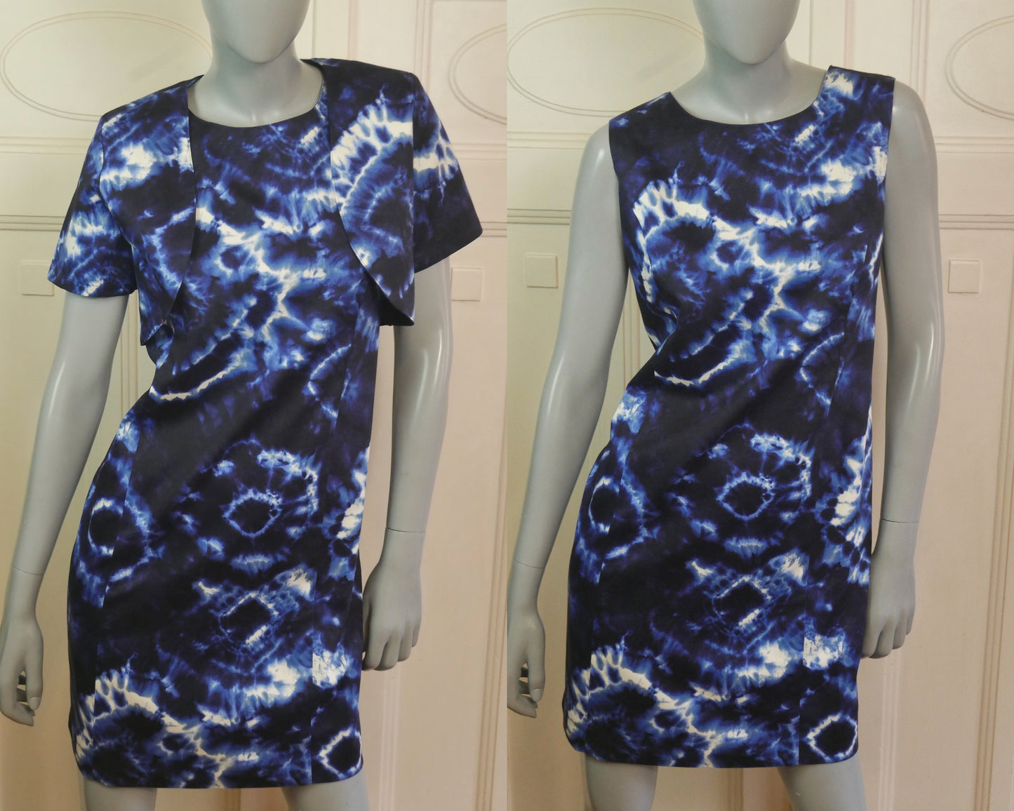 Blue Tie-Dye Sleeveless Dress with Matching Bolero Jacket | Medium