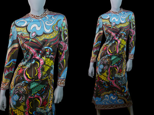 70s Italian Dress | Versace Style Abstract Pattern | Large