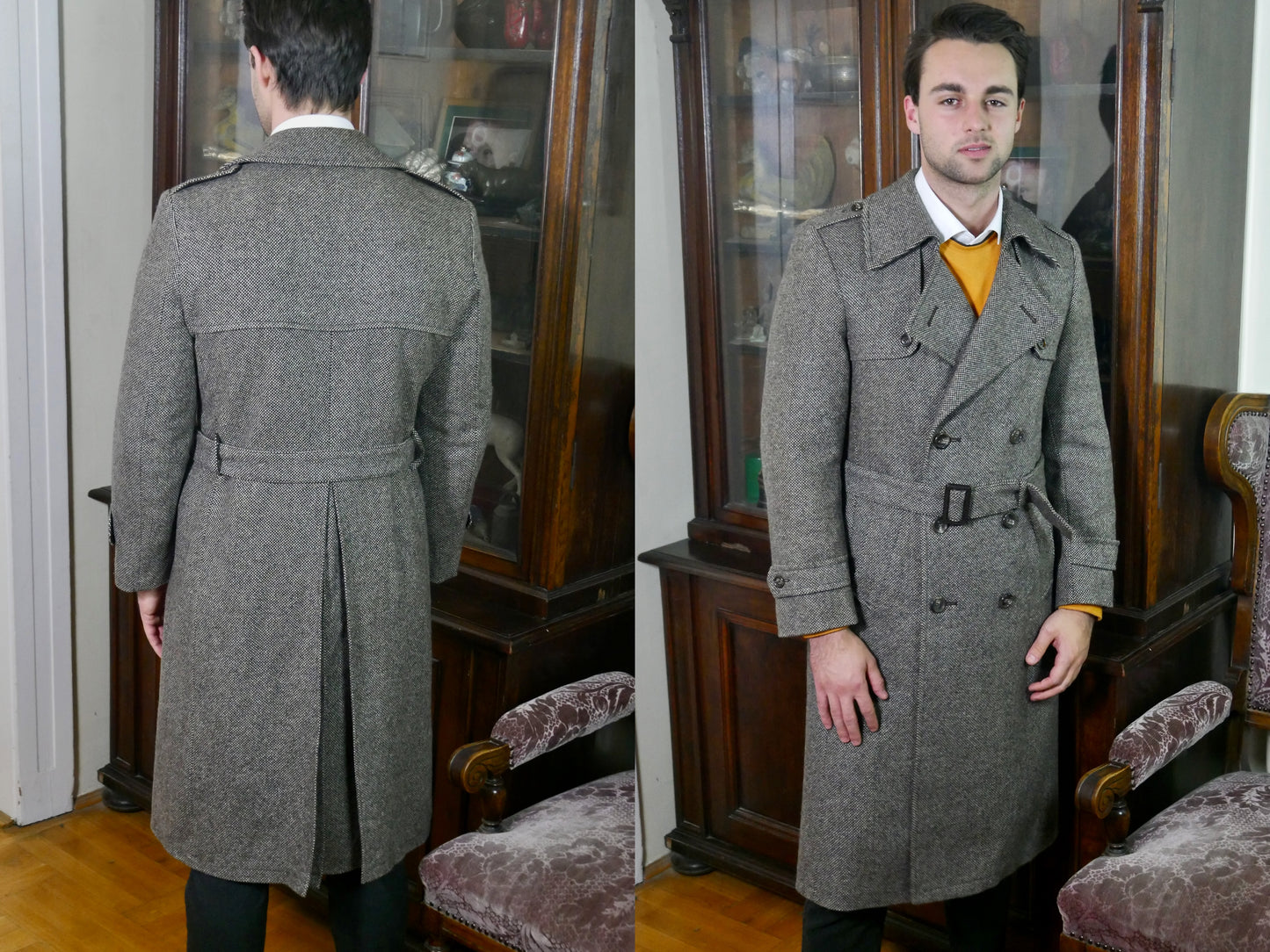 Vintage Tweed Trench Coat | Classic Men's 1980s Outerwear | Size 40 Long