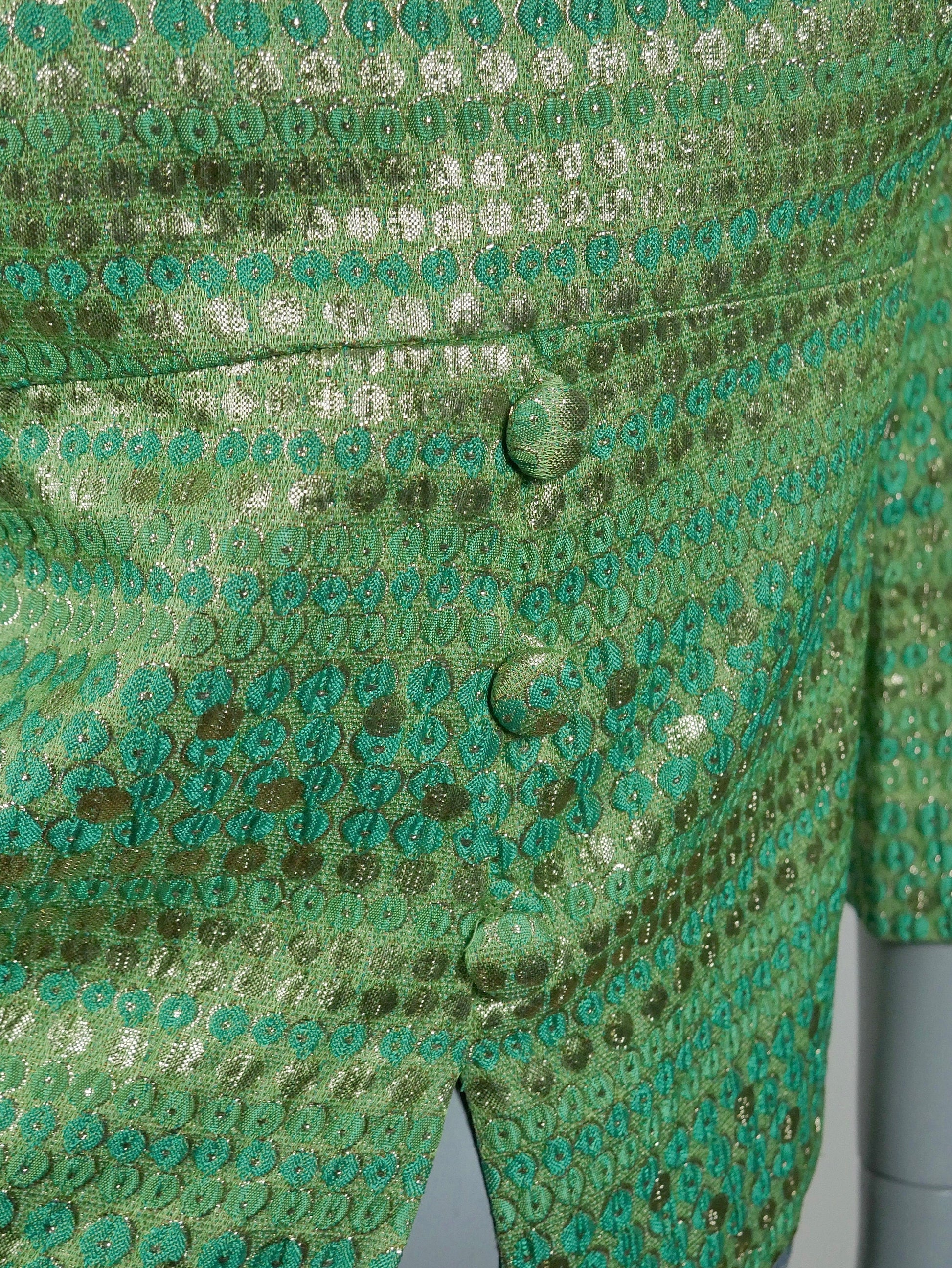 1960s Green & Gold Lurex Blouse | European Vintage Puff Sleeve Top | Medium Leo Gabor Vintage
