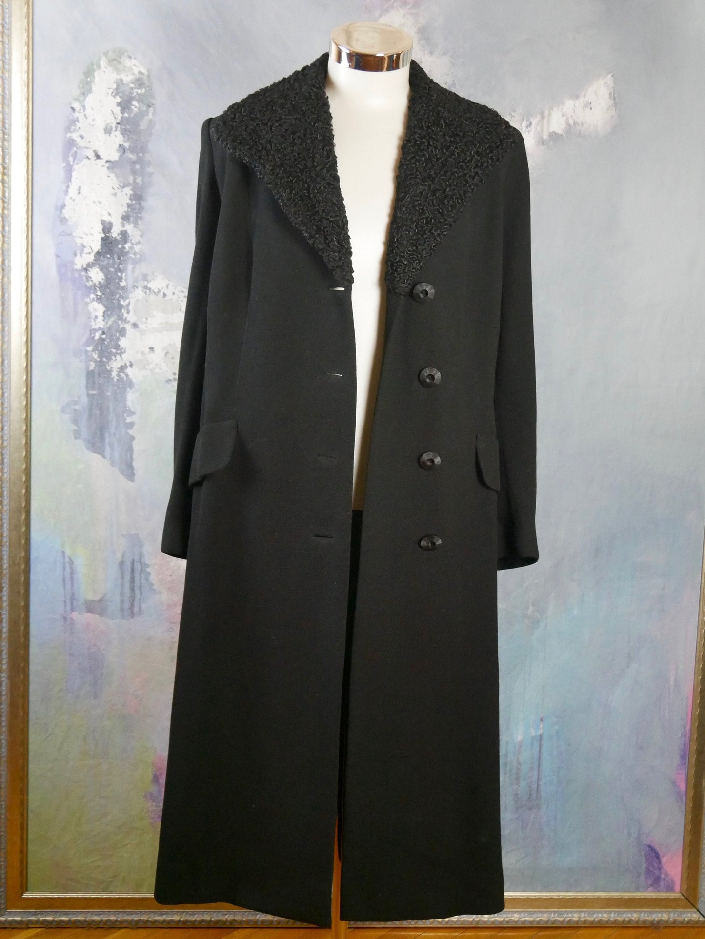 1960s Long Black Wool Coat with Lamb Fur Collar | Extra Large Leo Gabor Vintage