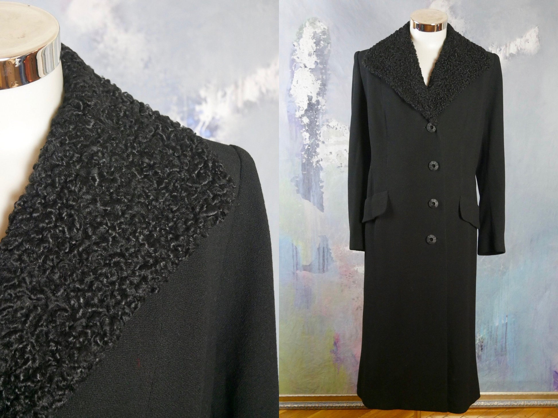 1960s Long Black Wool Coat with Lamb Fur Collar | Extra Large Leo Gabor Vintage