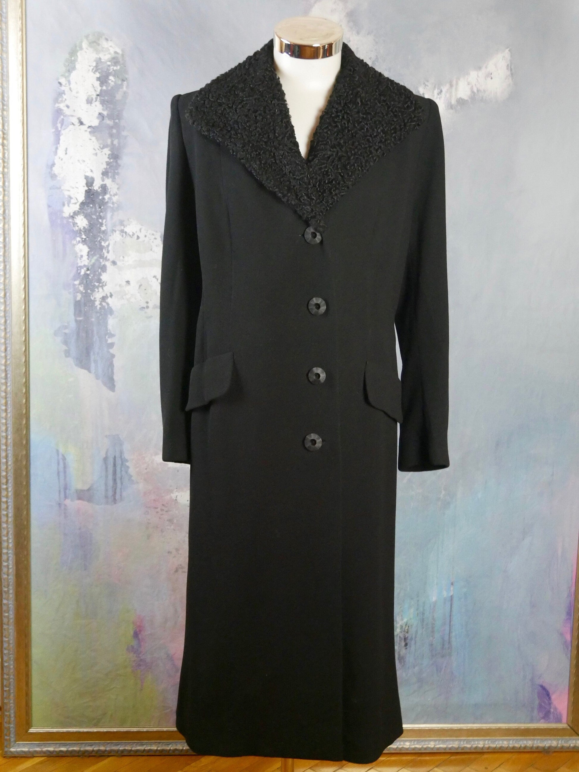 1960s Long Black Wool Coat with Lamb Fur Collar | Extra Large Leo Gabor Vintage