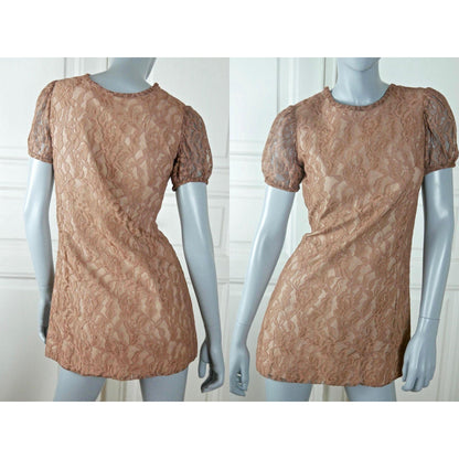 1960s Mod Mini Dress, Golden Light Brown Lace Short Sleeve Leo Gabor Vintage