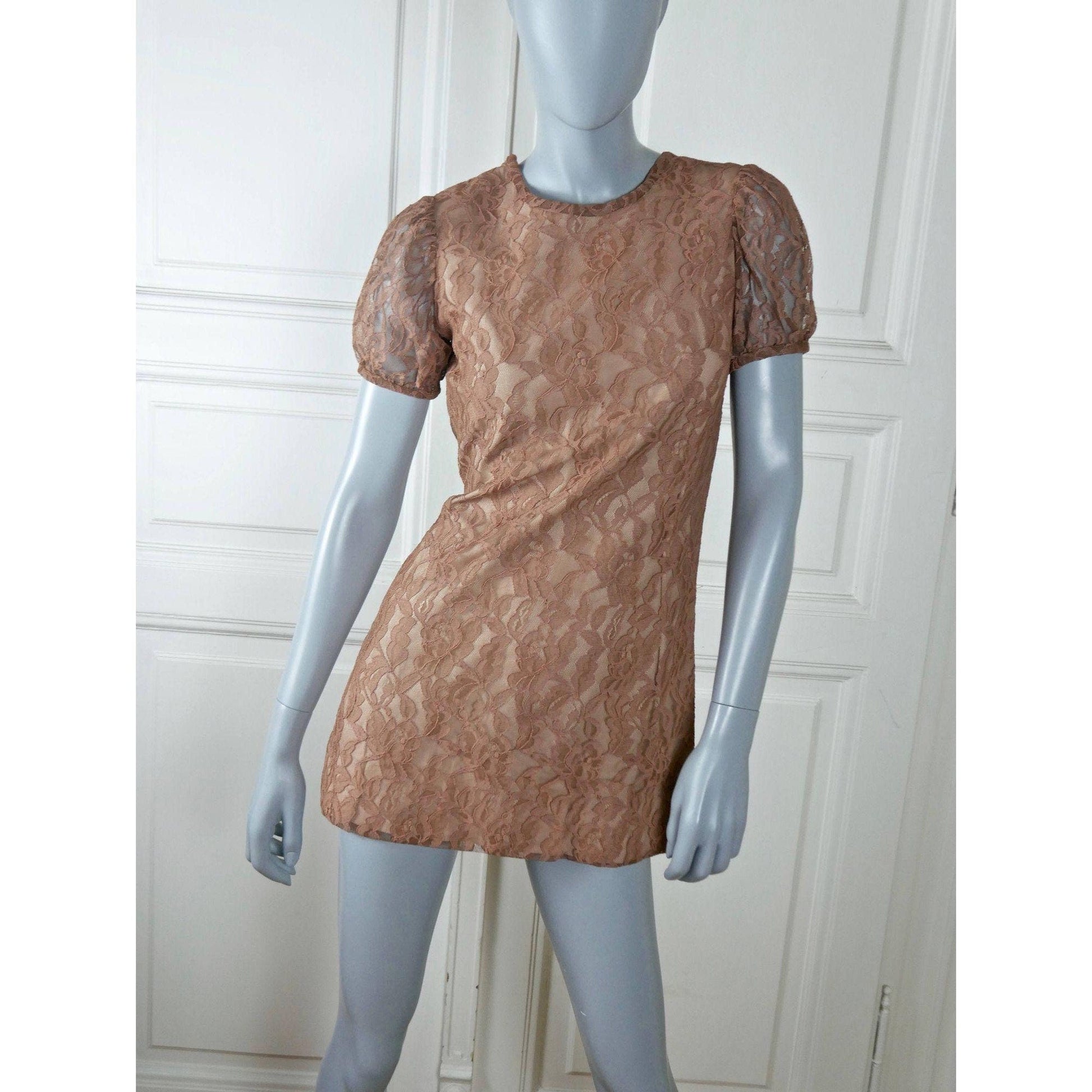 1960s Mod Mini Dress, Golden Light Brown Lace Short Sleeve Leo Gabor Vintage