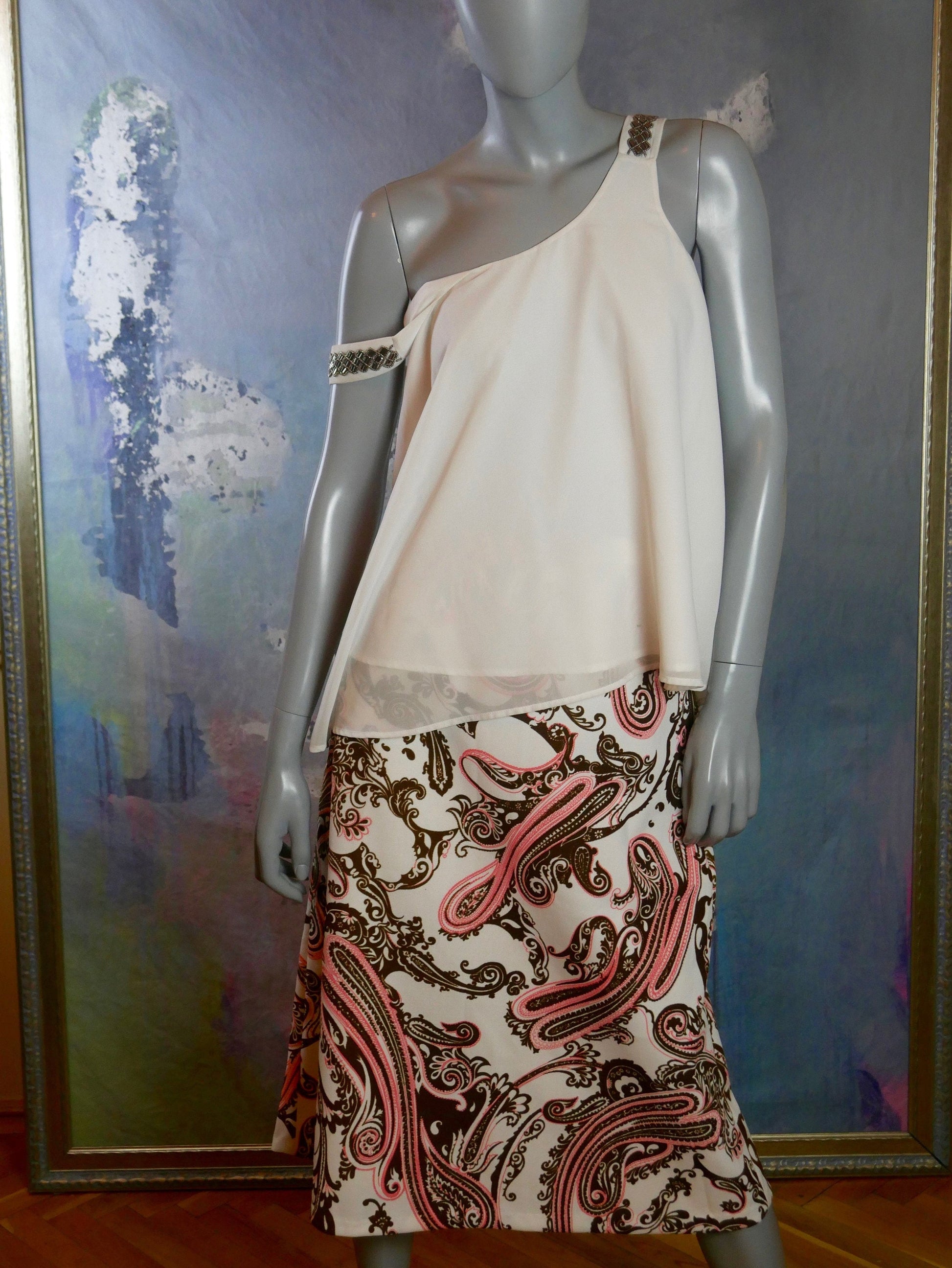 1960s Paisley Skirt | European Vintage White Brown and Pink | Large Leo Gabor Vintage