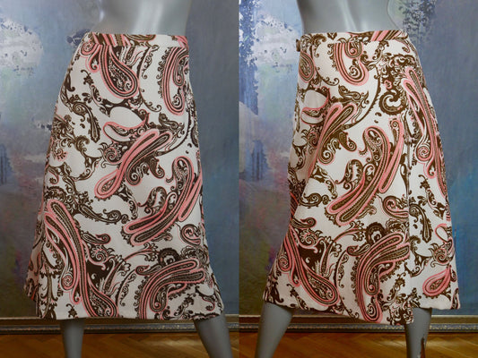 1960s Paisley Skirt | European Vintage White Brown and Pink | Large Leo Gabor Vintage
