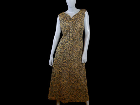 1960s Sleeveless Dress | Gold and Brown Abstract Pattern Midi Maxi Leo Gabor Vintage