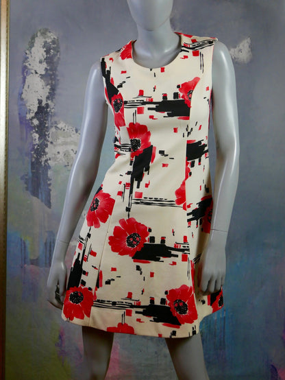 1960s Sleeveless Mini Dress | Cream with Red and Black Floral Pattern | Mod European Vintage Summer Dress Leo Gabor Vintage