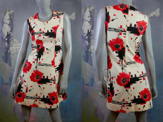 1960s Sleeveless Mini Dress | Cream with Red and Black Floral Pattern | Mod European Vintage Summer Dress Leo Gabor Vintage