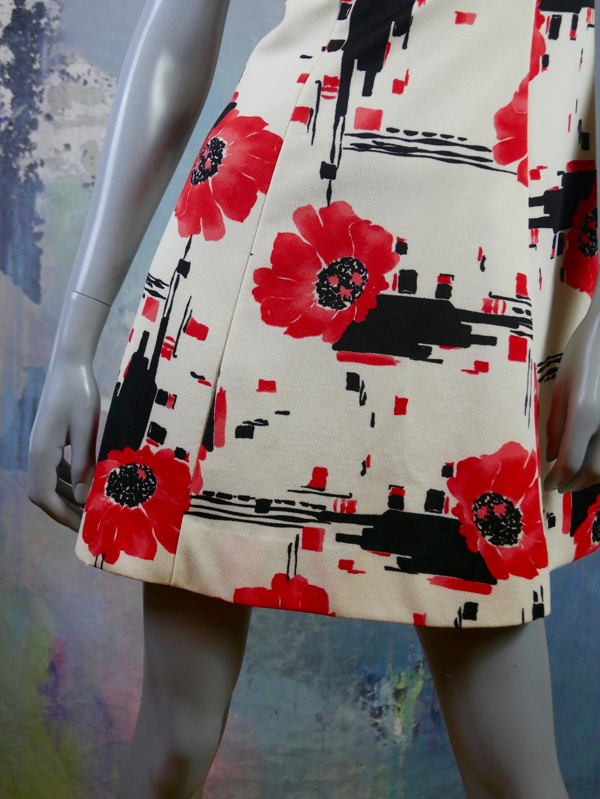 1960s Sleeveless Mini Dress | Cream with Red and Black Floral Pattern | Mod European Vintage Summer Dress Leo Gabor Vintage