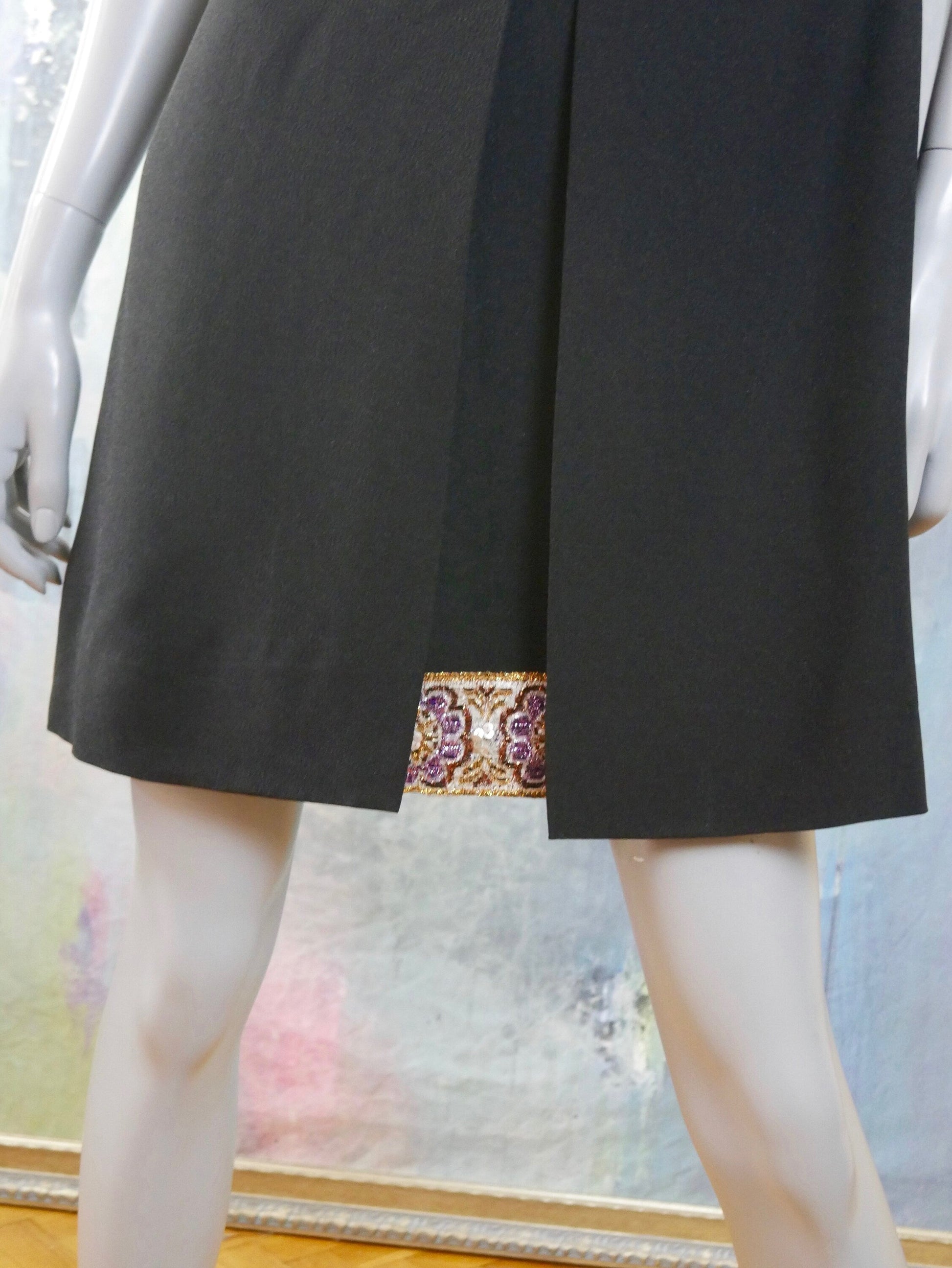 1960s Vintage Black Sleeveless Dress | V Neckline Edged in Shiny Metallic Gold and Purple Leo Gabor Vintage